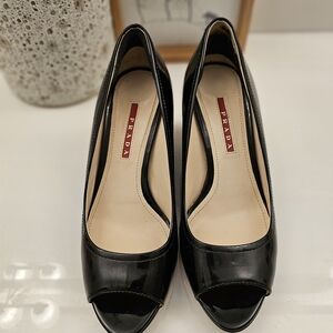 PRADA Authentic Black Patent Peep-Toe Wedge 6